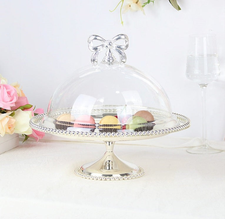 Footed Pedestal Silver Metal Cake & Cupcake Stand with Transparent Dome Lid