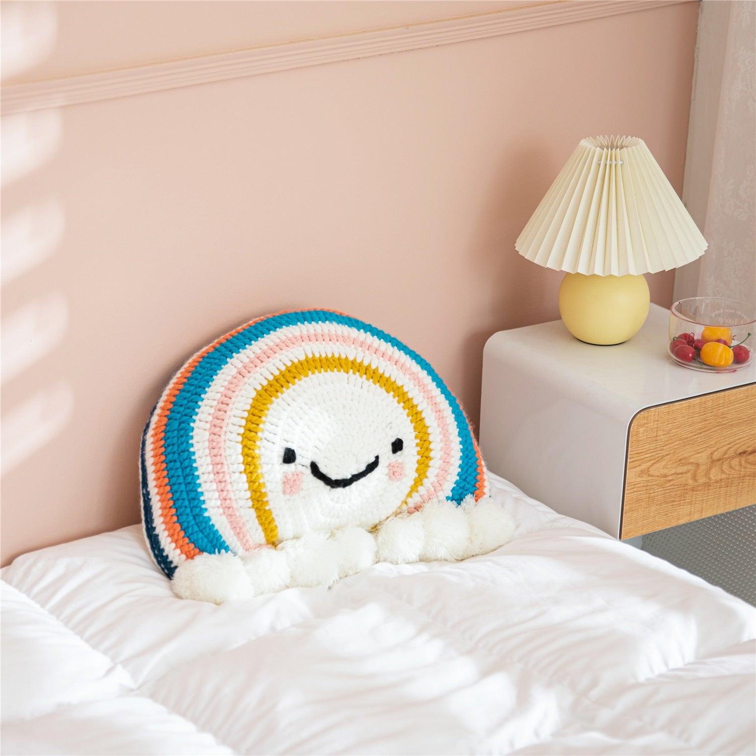Kawaii Rainbow Hand Crochet Pompom Throw Pillow