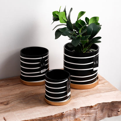 black and white striped modern pots with chrome plate