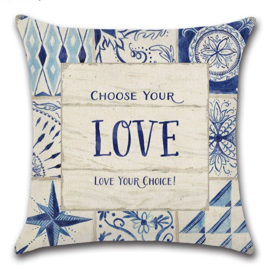 Linen Chinese Blue & White Quote Throw Pillow