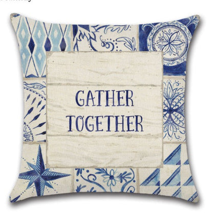 Linen Chinese Blue & White Quote Throw Pillow