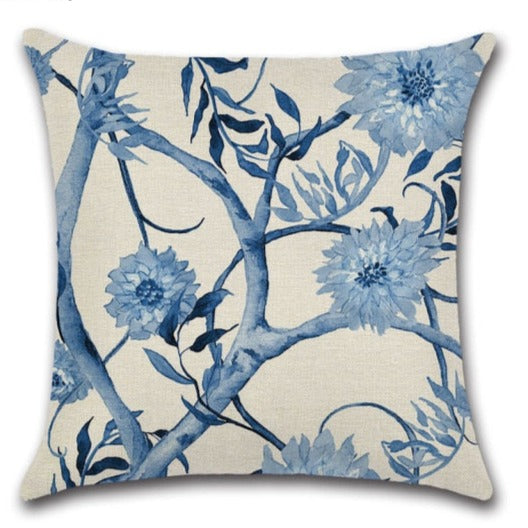 Linen Chinese Blue & White Print Throw Pillow